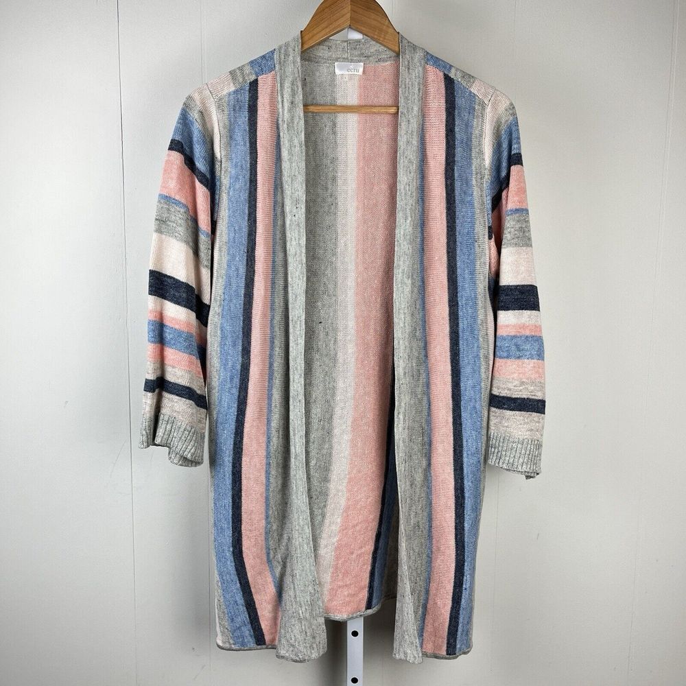 Ecru Cardigan Sweater Multi‎ Pastel Stripe 100% Linen 3/4 Sleeve Womens Large